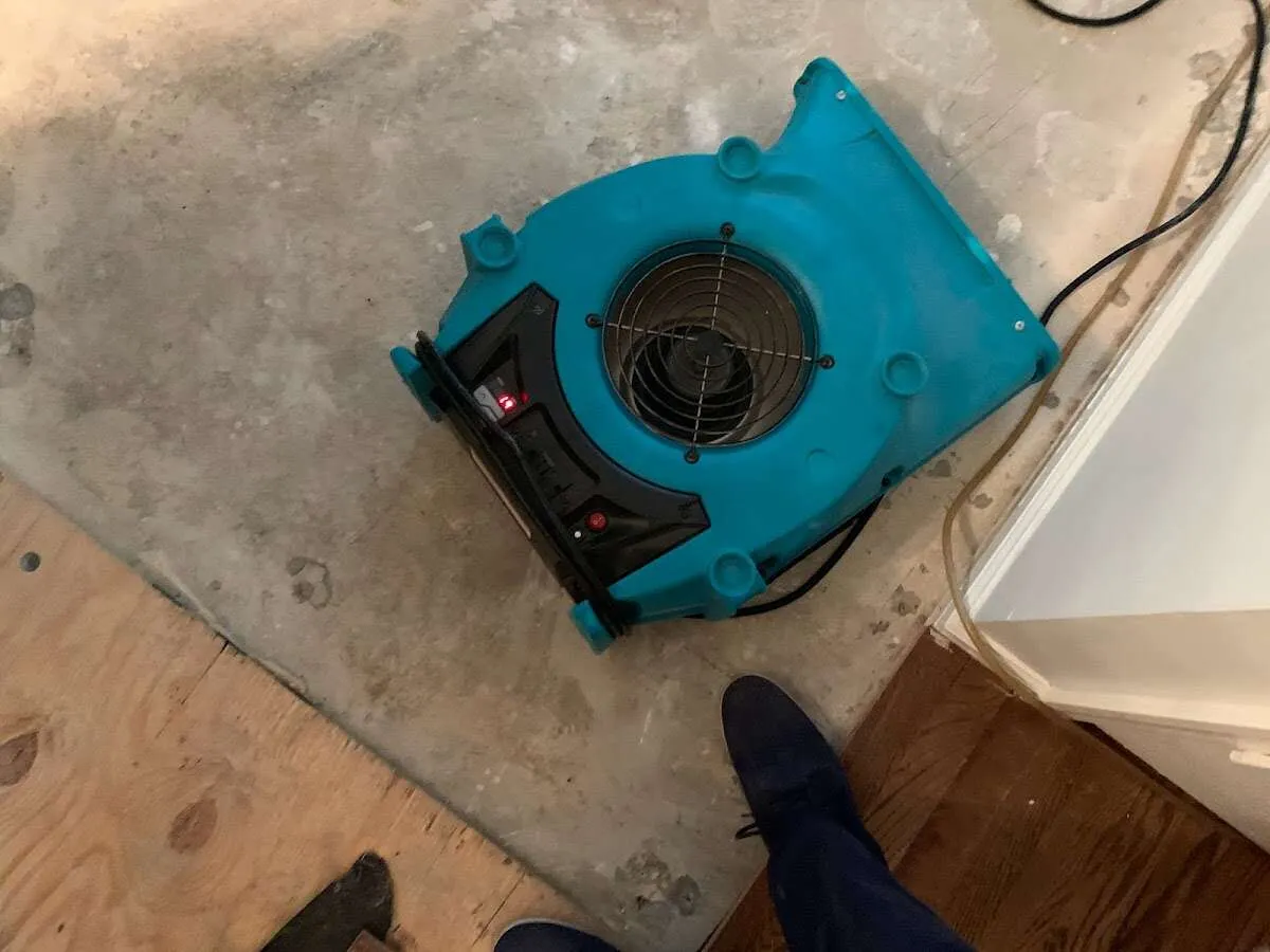 Air mover drying subfloor during Commercial Water Damage Restoration in San Gabriel